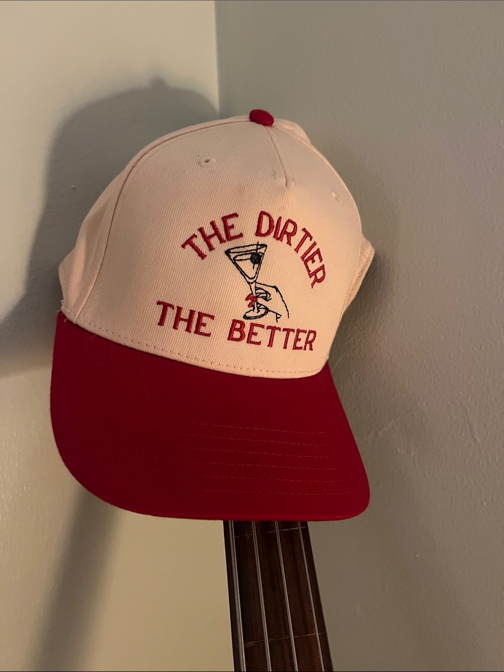 White and Red 'The Dirtier The Better' Embroidered Martini Trucker Hat